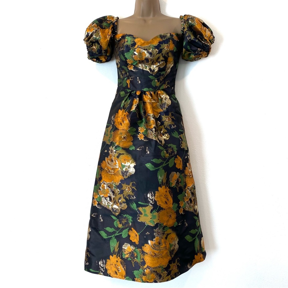 Floral brocade A-line puff sleeve off the shoulder metallic formal dress